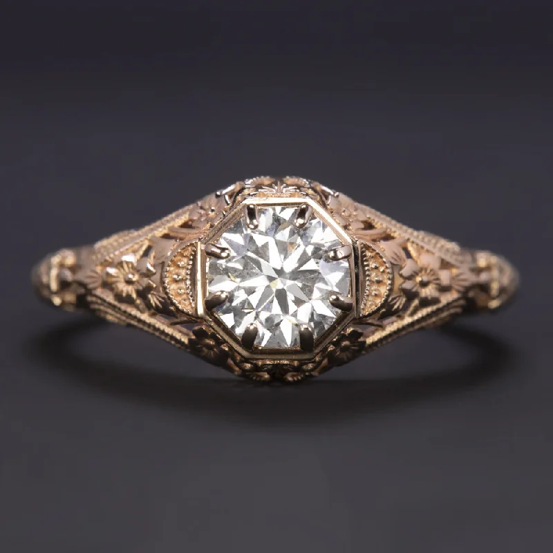 women’s gold promise rings -VINTAGE STYLE DIAMOND SOLITAIRE RING 0.80ct ROSE GOLD FILIGREE FLORAL ENGAGEMENT