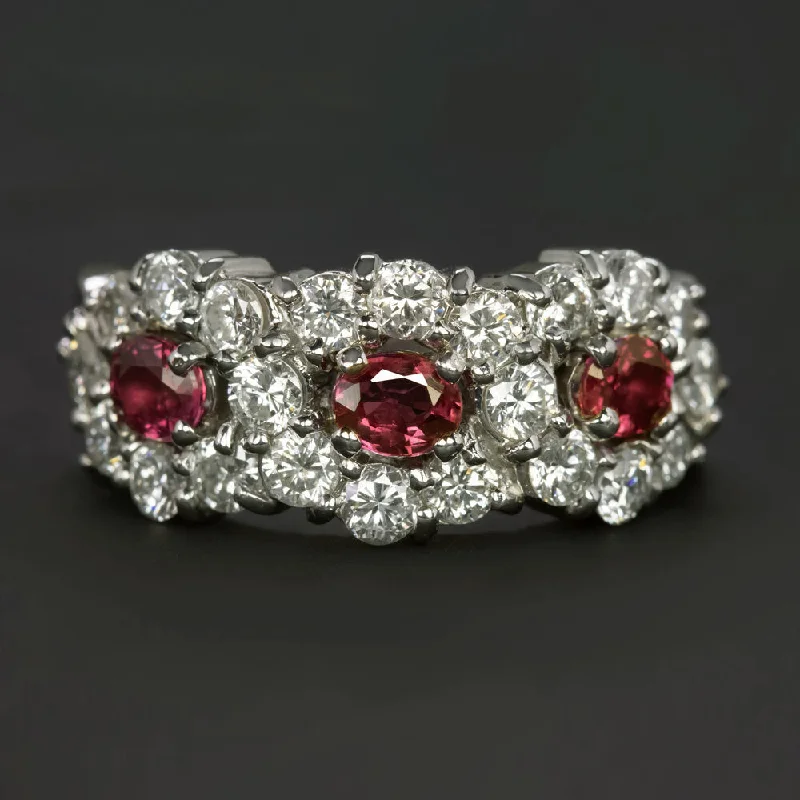 women’s chunky rings -2.16ct RUBY DIAMOND COCKTAIL RING PLATINUM 11 GRAM 3 STONE HALO NATURAL OVAL