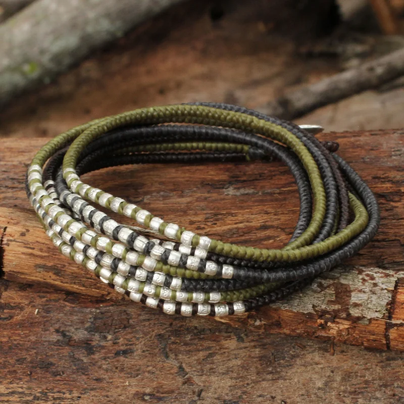 boho bangles for women -Karen Khaki Chic Brown Khaki Grey Wrap Bracelet with Silver Accents