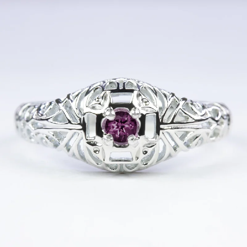 women’s elegant diamond rings -RHODOLITE GARNET VINTAGE STYLE COCKTAIL RING STERLING SILVER DAINTY FILIGREE