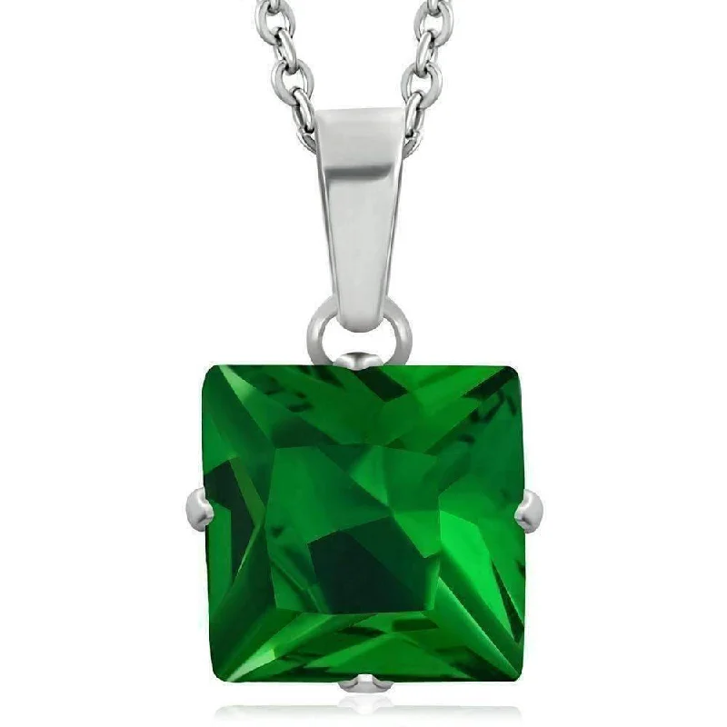 women’s diamond pendant necklaces -Envy Emerald Green Princess Cut CZ Solitaire Pendant Necklace in Stainless Steel