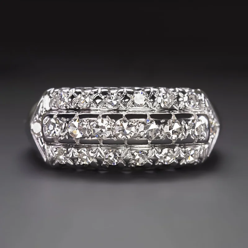 silver eternity bands for women -VINTAGE DIAMOND 3 ROW BAND 14k WHITE GOLD RING 0.45ct NATURAL RETRO COCKTAIL