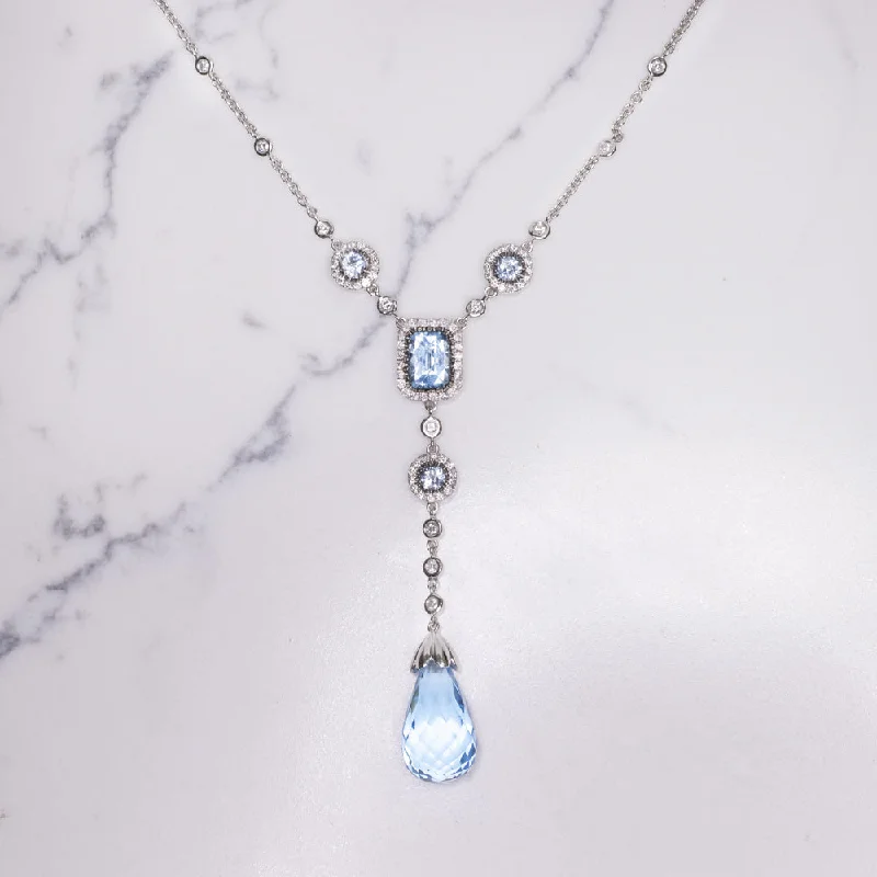 women’s luxury rings with diamonds -BLUE TOPAZ DIAMOND LARIAT NECKLACE 14k WHITE GOLD BRIOLETTE DROP HALO NATURAL