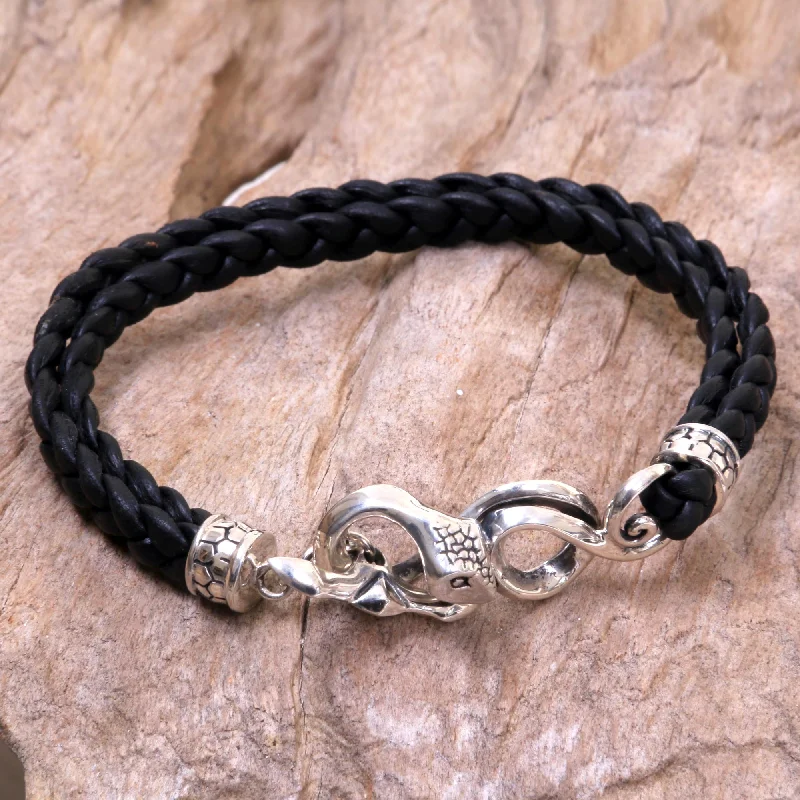 sophisticated bracelets for women -Cobra Men's Black Leather Bracelet with Silver Snake Clasp