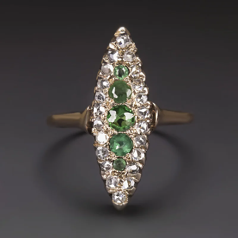 women’s stackable rings -ANTIQUE NAVETTE RING EMERALD DIAMOND ART NOUVEAU 14k ROSE GOLD COCKTAIL NATURAL