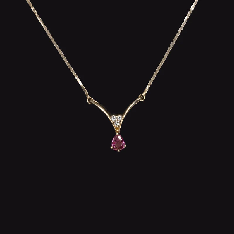 luxury rings for women -PINK SAPPHIRE DIAMOND NECKLACE V SHAPE PENDANT 14k YELLOW GOLD DAINTY PEAR CUT