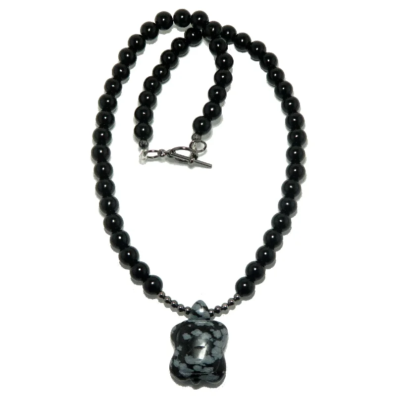 women’s stacking necklaces -Black Obsidian Necklace Snowflake Turtle Gunmetal