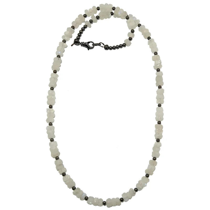 women’s diamond chokers -Rainbow Moonstone Necklace Dreamy White on Gunmetal