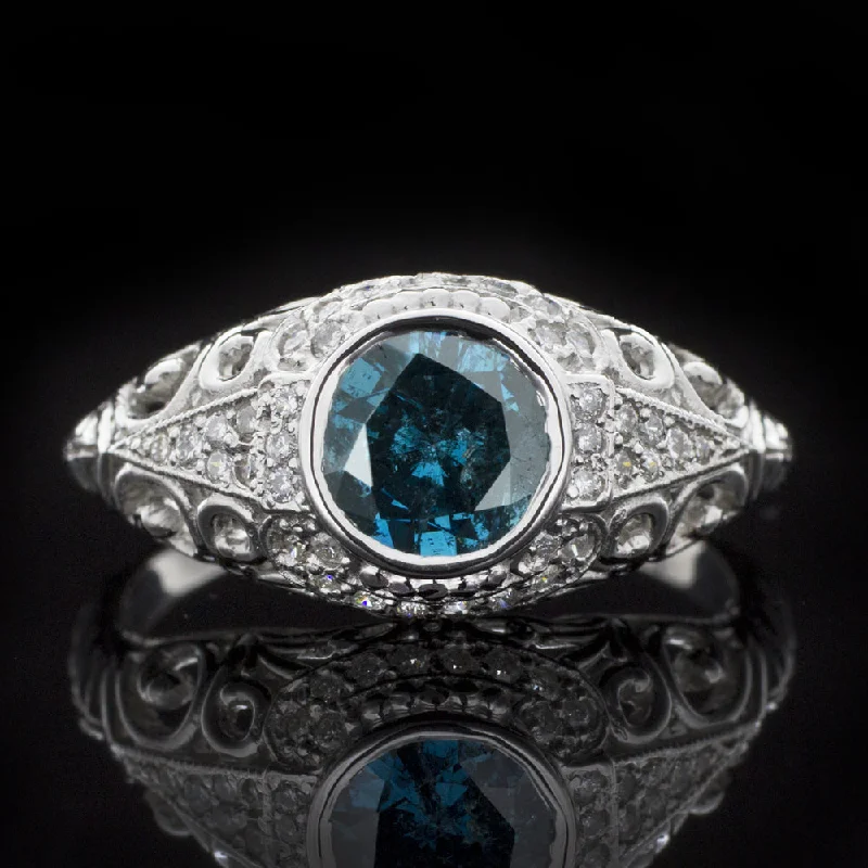 women’s gemstone stacking rings -BLUE DIAMOND VINTAGE STYLE RING 14k WHITE GOLD ROUND CUT NATURAL FILIGREE TEAL