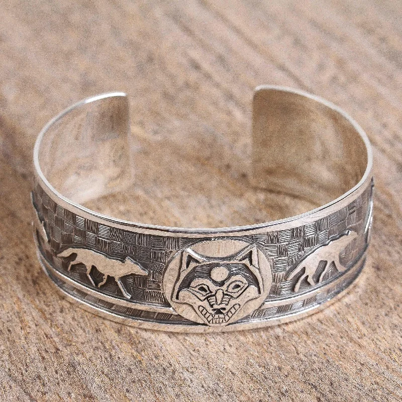 trendy cuff bracelets for women -Lunar Wolves Taxco Sterling Silver Wolf Cuff Bracelet from Mexico