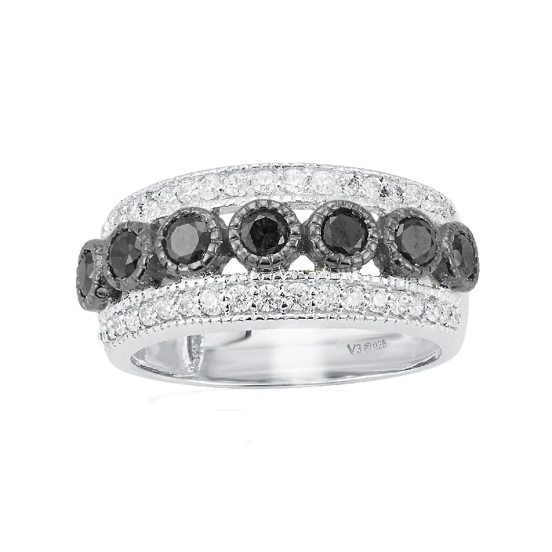 women’s custom engraved engagement rings -Sterling Silver with 1.00 CTTW Natural Black & White Diamond Band Ring