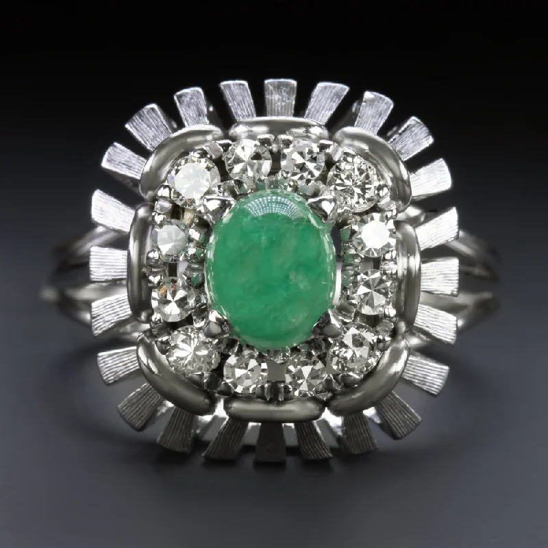 women’s rings -VINTAGE EMERALD DIAMOND COCKTAIL RING BIG STATEMENT HALO 8.8gm 14k WHITE GOLD