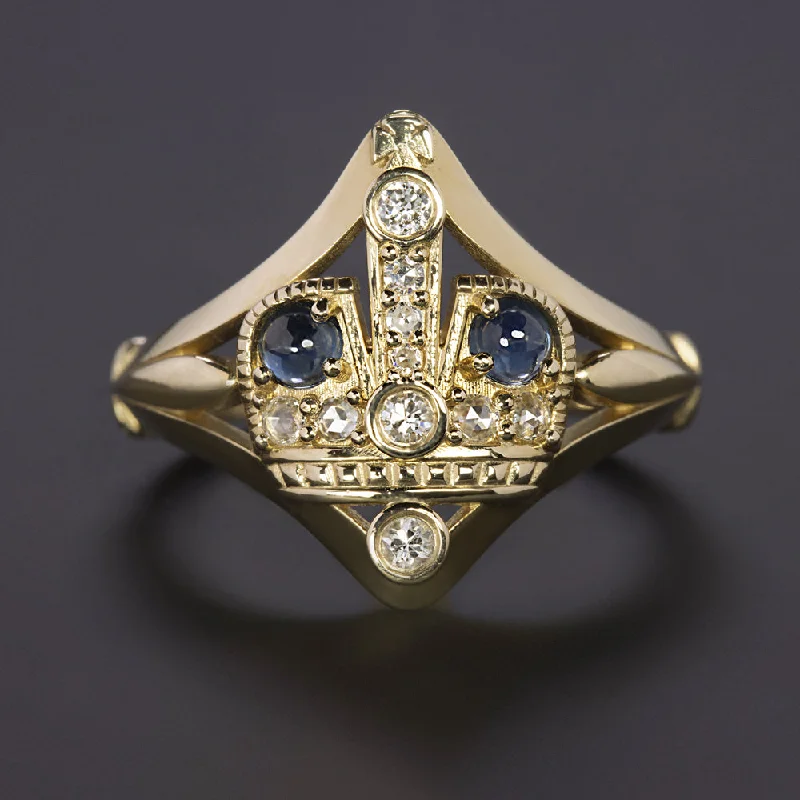 women’s diamond stackable rings -VINTAGE STYLE SAPPHIRE DIAMOND CROWN RING 14k YELLOW GOLD COCKTAIL ESTATE