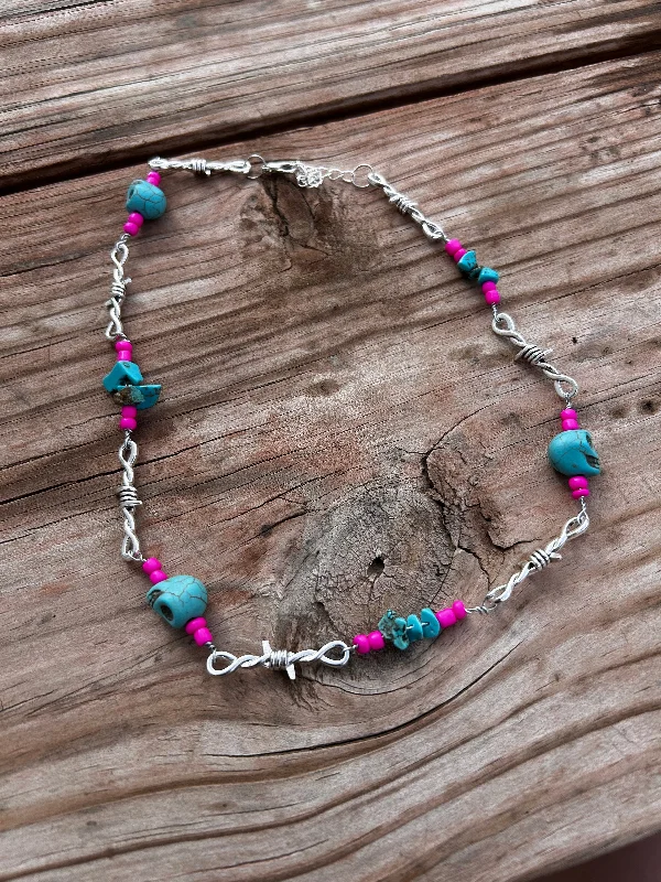 women’s classic necklaces -Pink and turquoise skull barbed wire necklace