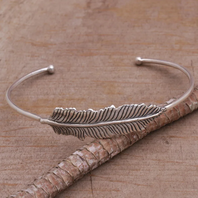 adjustable charm bracelets for women -Alluring Feather 925 Sterling Silver Feather Cuff Bracelet from Bali