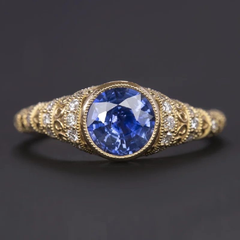 women’s fashion gemstone rings -VINTAGE STYLE SAPPHIRE DIAMOND COCKTAIL RING YELLOW GOLD FILIGREE BEZEL NATURAL