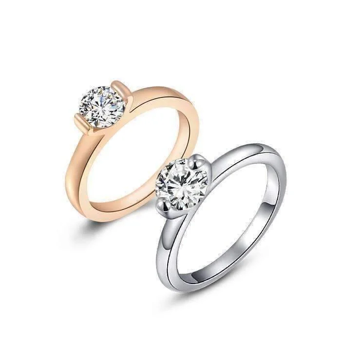 women’s elegant necklaces -Two Prong "V" Set Crystal Solitaire Ring - Rose Gold or Platinum Plated For Woman