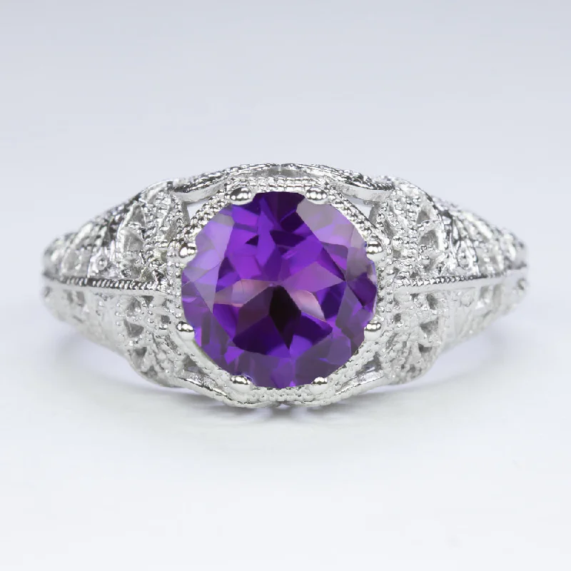 women’s stackable rings -AMETHYST VINTAGE STYLE SOLITAIRE RING STERLING SILVER FILIGREE ART DECO PURPLE