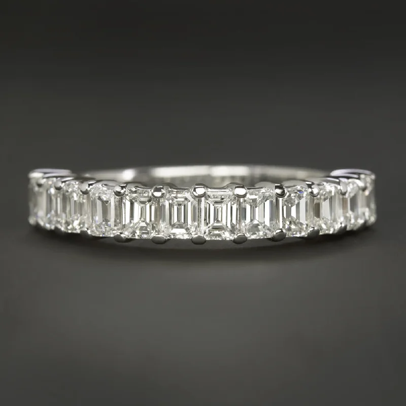 women’s silver promise rings -1.35ct EMERALD CUT DIAMOND WEDDING BAND STACKING RING NATURAL 14k WHITE GOLD