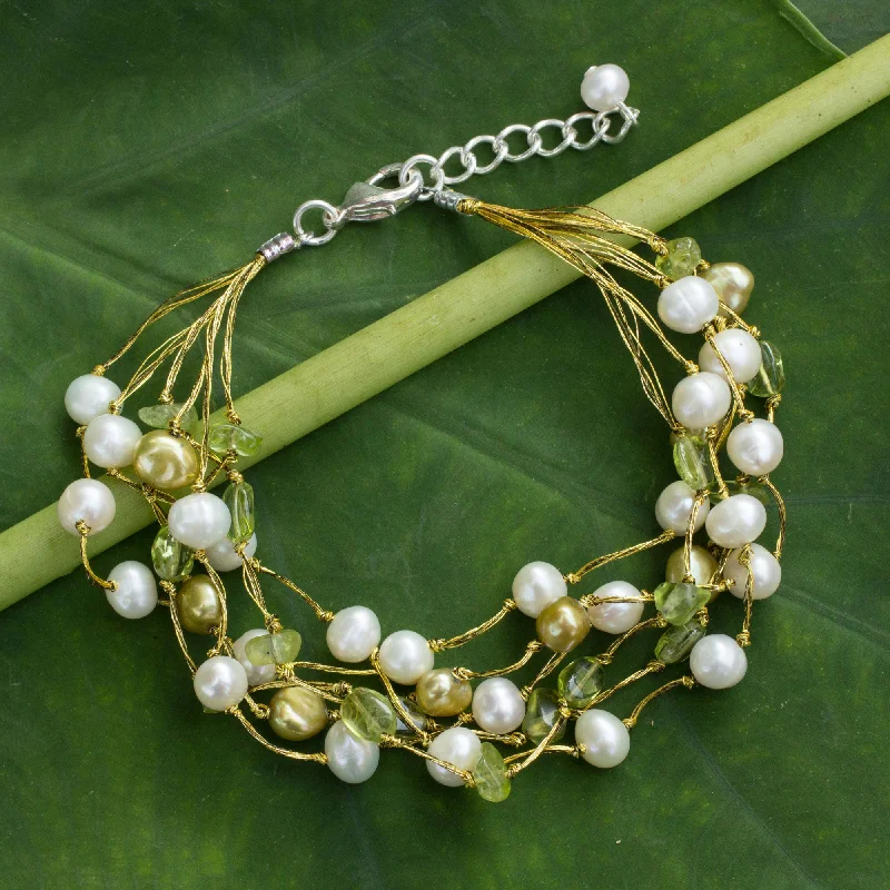 diamond bangles for women -Cloud Forest Peridot & Pearl Beaded Bracelet