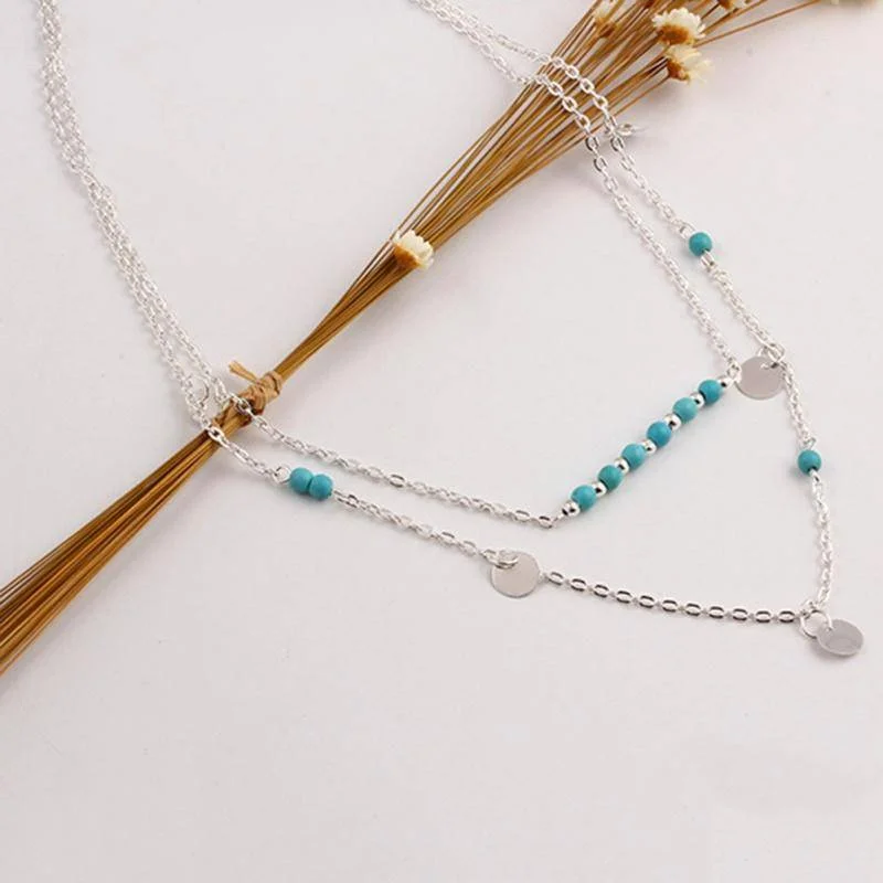 women’s luxury sapphire necklaces -Turquoise Bead Double Layer Necklace for Woman Everyday Modern Wear