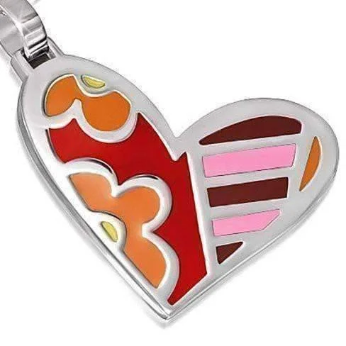 luxury necklaces for women -Big Heart in Stainless Steel and Colorful Enamel Necklace - Flowers & Stripes