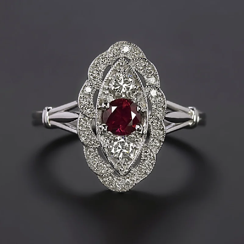 women’s solitaire rings -VINTAGE STYLE RUBY DIAMOND COCKTAIL RING 14k WHITE GOLD NAVETTE HALO NATURAL