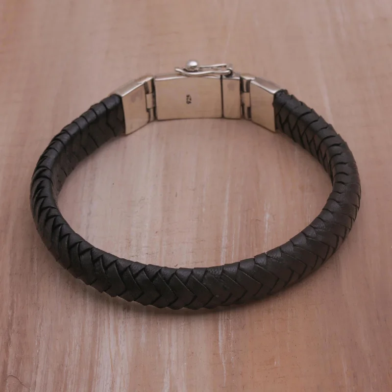 silver chain bracelets for women -Shrine Weave in Black Silver & Leather Bracelet