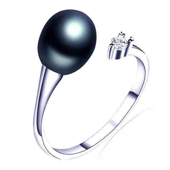 women’s gemstone necklaces -Tahitian Black Genuine Freshwater Pearl & CZ Adjustable Bypass Ring