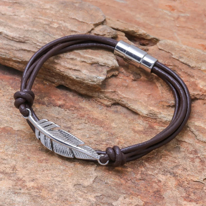 rose gold bangles for women -Stunning Feather in Brown Stainless Steel and Brown Leather Feather Pendant Bracelet