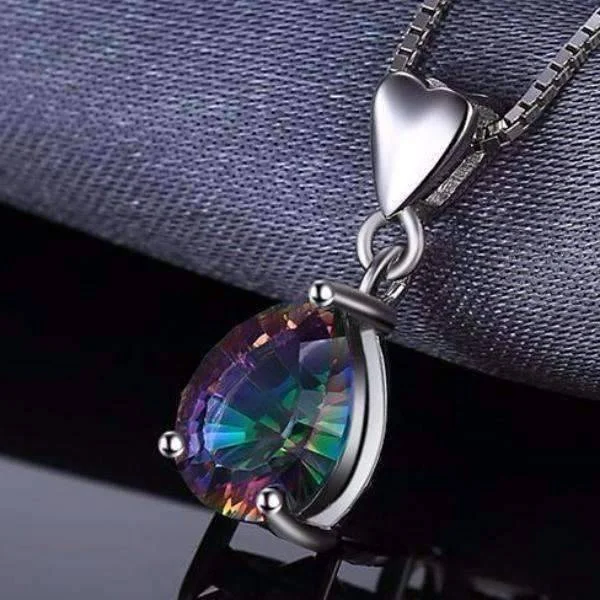 women’s simple chain necklaces -Rainbow Fire Genuine Mystic Topaz Pear Cut 2CT IOBI Precious Gems Pendant