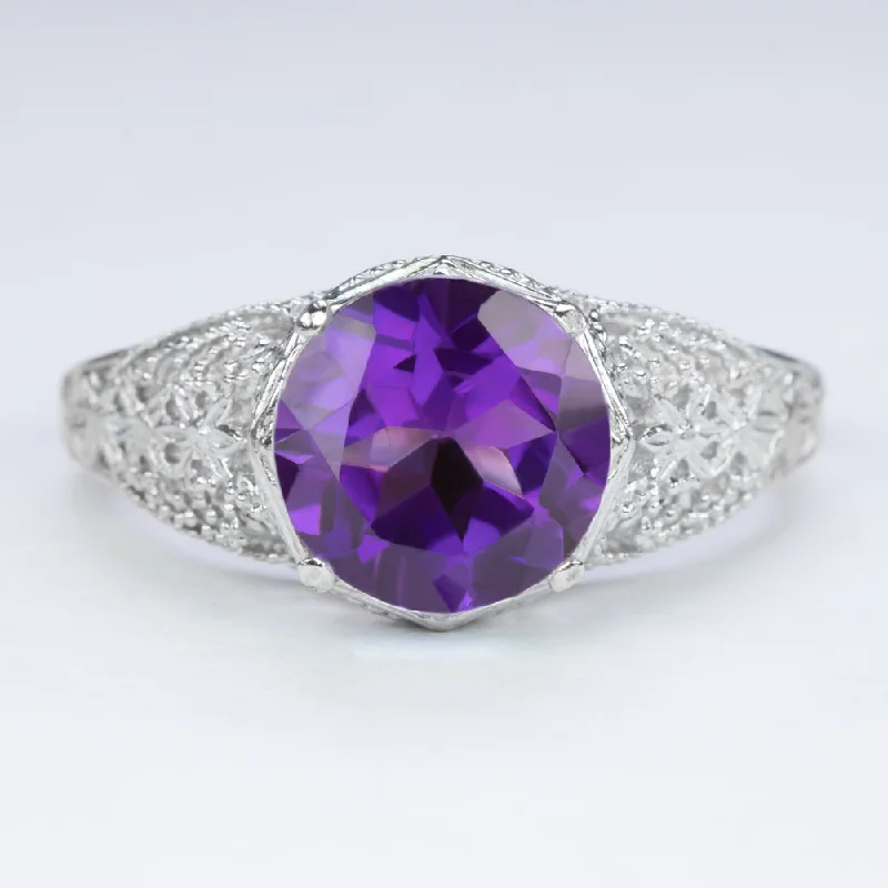 women’s cocktail rings -AMETHYST STERLING SILVER RING VINTAGE STYLE FILIGREE ROUND CUT ART DECO PURPLE