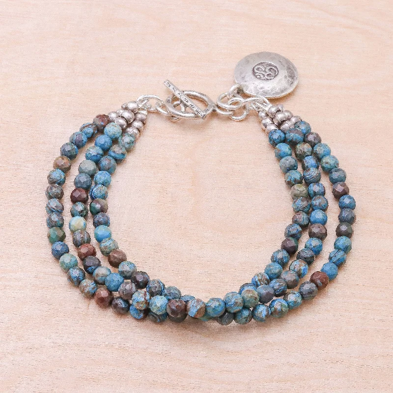 classic bangles for women -Tiny Globes Om Symbol Beaded Bracelet with Blue and Brown Jasper