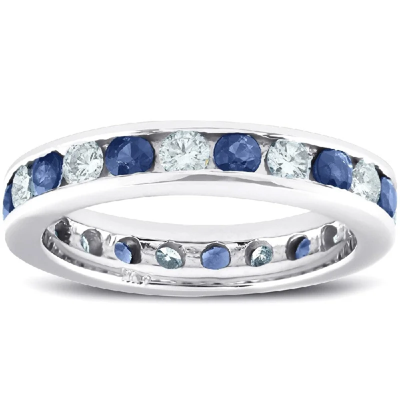 women’s luxurious engagement rings -Pompeii3 14k White Gold 2 Ct Blue Sapphire & Diamond Eternity Ring Womens Wedding Stackable Anniversary Band