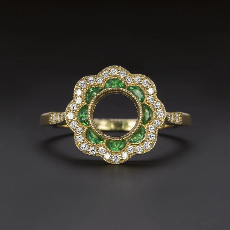 diamond rings for women -DIAMOND EMERALD FLOWER HALO RING SETTING 6mm MOUNT VINTAGE STYLE YELLOW GOLD