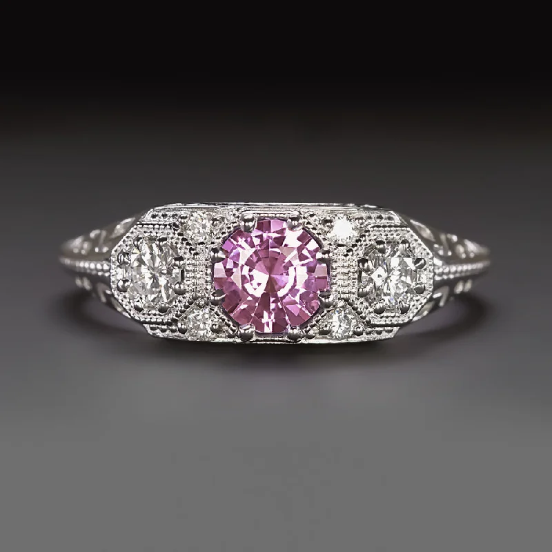 wedding rings with diamonds -VINTAGE STYLE PINK SAPPHIRE DIAMOND 3 STONE RING 14k WHITE GOLD NATURAL ART DECO