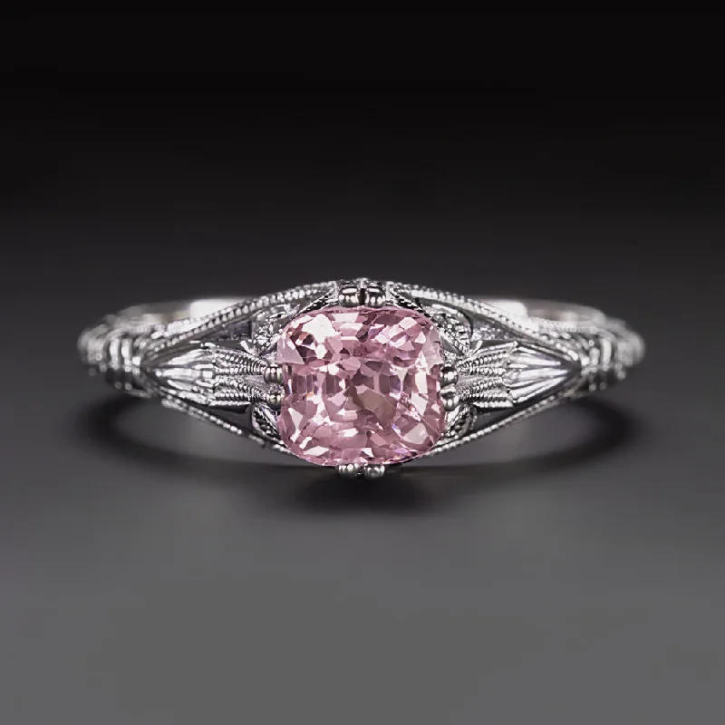 women’s black diamond rings -PINK SPINEL VINTAGE STYLE SOLITAIRE RING 14k WHITE GOLD NATURAL CUSHION COCKTAIL