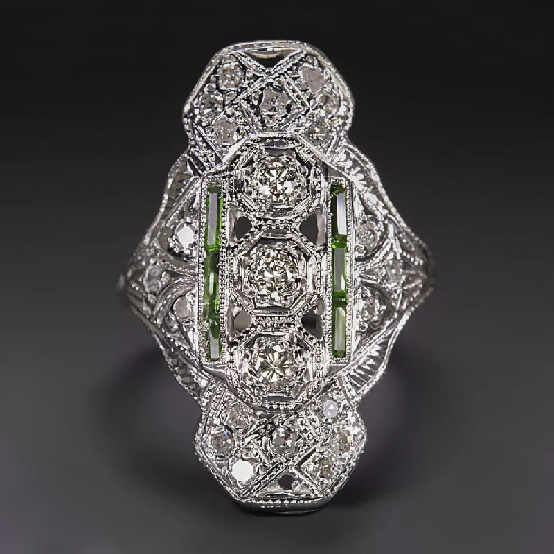 women’s sapphire rings -VINTAGE DIAMOND EMERALD COCKTAIL RING ART DECO GEOMETRIC STATEMENT WHITE GOLD