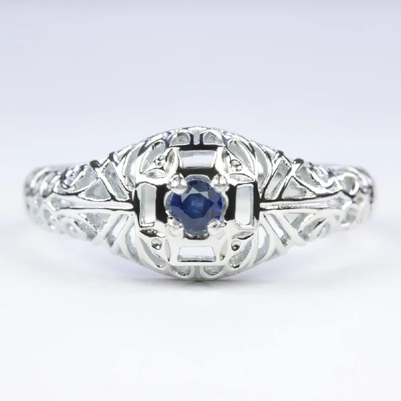 engagement rings for women -BLUE SAPPHIRE VINTAGE STYLE COCKTAIL RING STERLING SILVER DAINTY FILIGREE ROUND