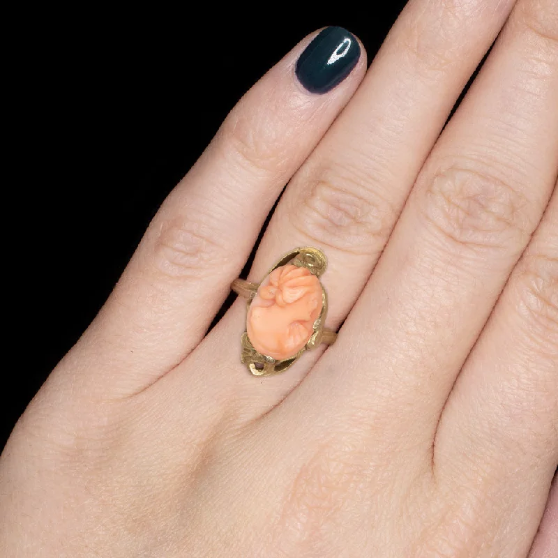 women’s custom rings with initials -VINTAGE CORAL CAMEO RING ART NOUVEAU YELLOW GOLD COCKTAIL PORTRAIT PEACH ORANGE