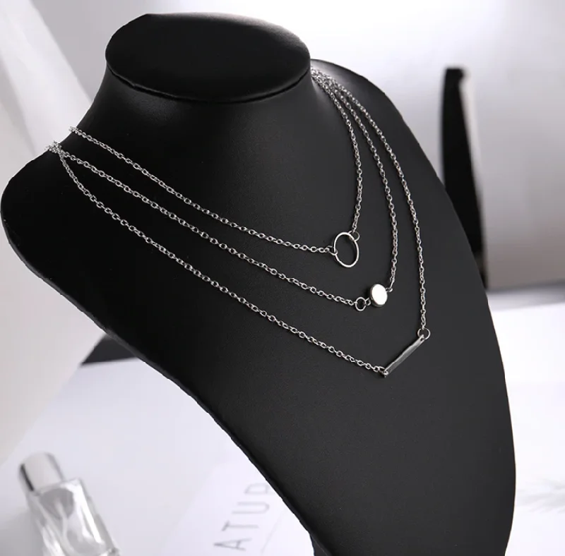 women’s engraved necklaces -14K Gold Plated Circle Bead Bar Layered Chain Necklace For Woman