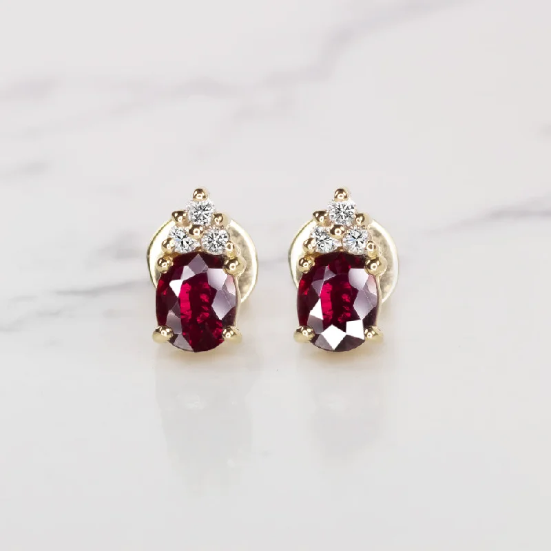 women’s vintage wedding rings -RUBY DIAMOND STUD EARRINGS 18k YELLOW GOLD 1.20ct OVAL SHAPE NATURAL RICH RED