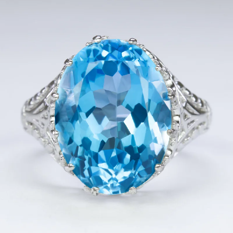 women’s promise rings -LONDON BLUE TOPAZ STERLING SILVER VINTAGE STYLE RING FILIGREE OVAL CUT SOLITAIRE