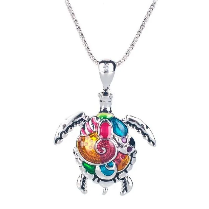 women’s delicate necklaces -Artsy Sea Turtle Enamel Pendant Necklace for Woman