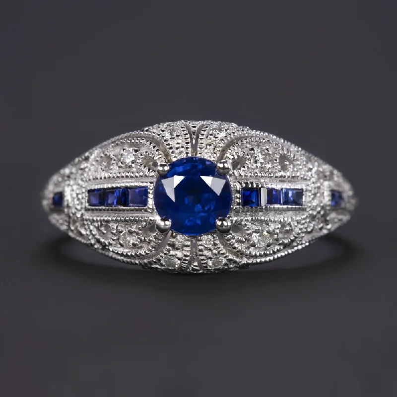 women’s sapphire rings -VINTAGE STYLE SAPPHIRE DIAMOND COCKTAIL RING 14k WHITE GOLD ART DECO DOME BLUE