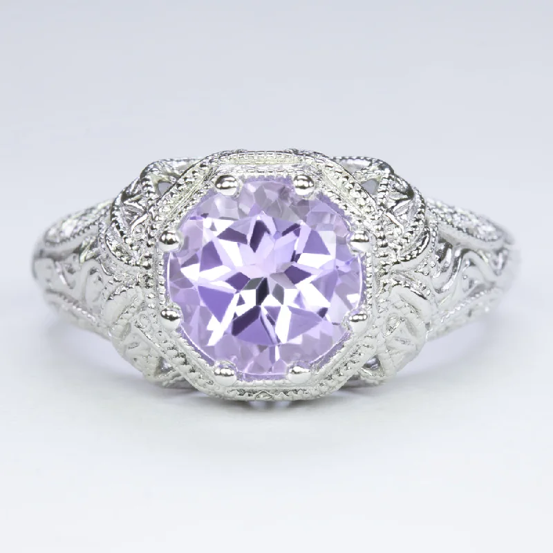 women’s unique engagement rings -PINK AMETHYST VINTAGE STYLE COCKTAIL RING STERLING SILVER FILIGREE ART DECO