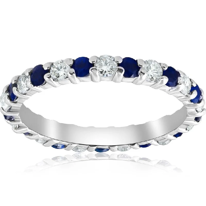 women’s custom-designed diamond engagement rings -Pompeii3 14k White Gold 1 1/2 Ct TW Blue Sapphire & Diamond Eternity Ring Womens Stackable Wedding Anniversary Band