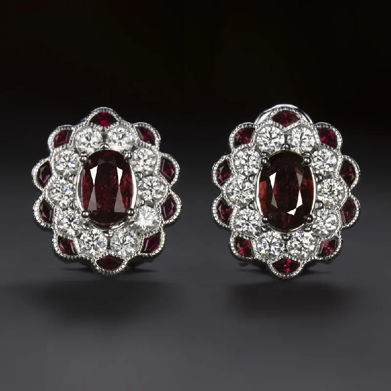 women’s cocktail rings -2.5ct RUBY DIAMOND STUD EARRINGS OVAL SCALLOPED HALO NATURAL RED 14k WHITE GOLD