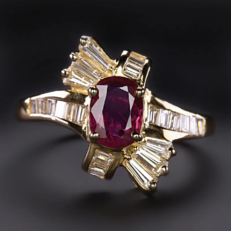 women’s gemstone rings -RUBY DIAMOND COCKTAIL RING 18k YELLOW GOLD NATURAL BYPASS OVAL BAGUETTE ESTATE