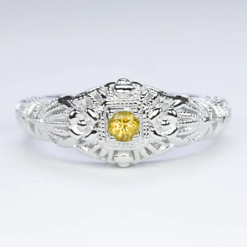 silver rings for women -CITRINE VINTAGE STYLE COCKTAIL RING STERLING SILVER FILIGREE DAINTY ROUND YELLOW